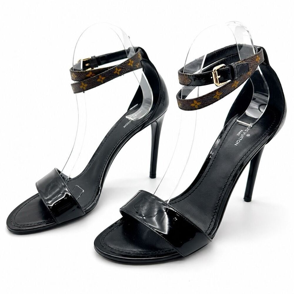 LOUIS VUITTON Fluer Call Back Black Sandal Heels Size 39 Logo Leather Monogram